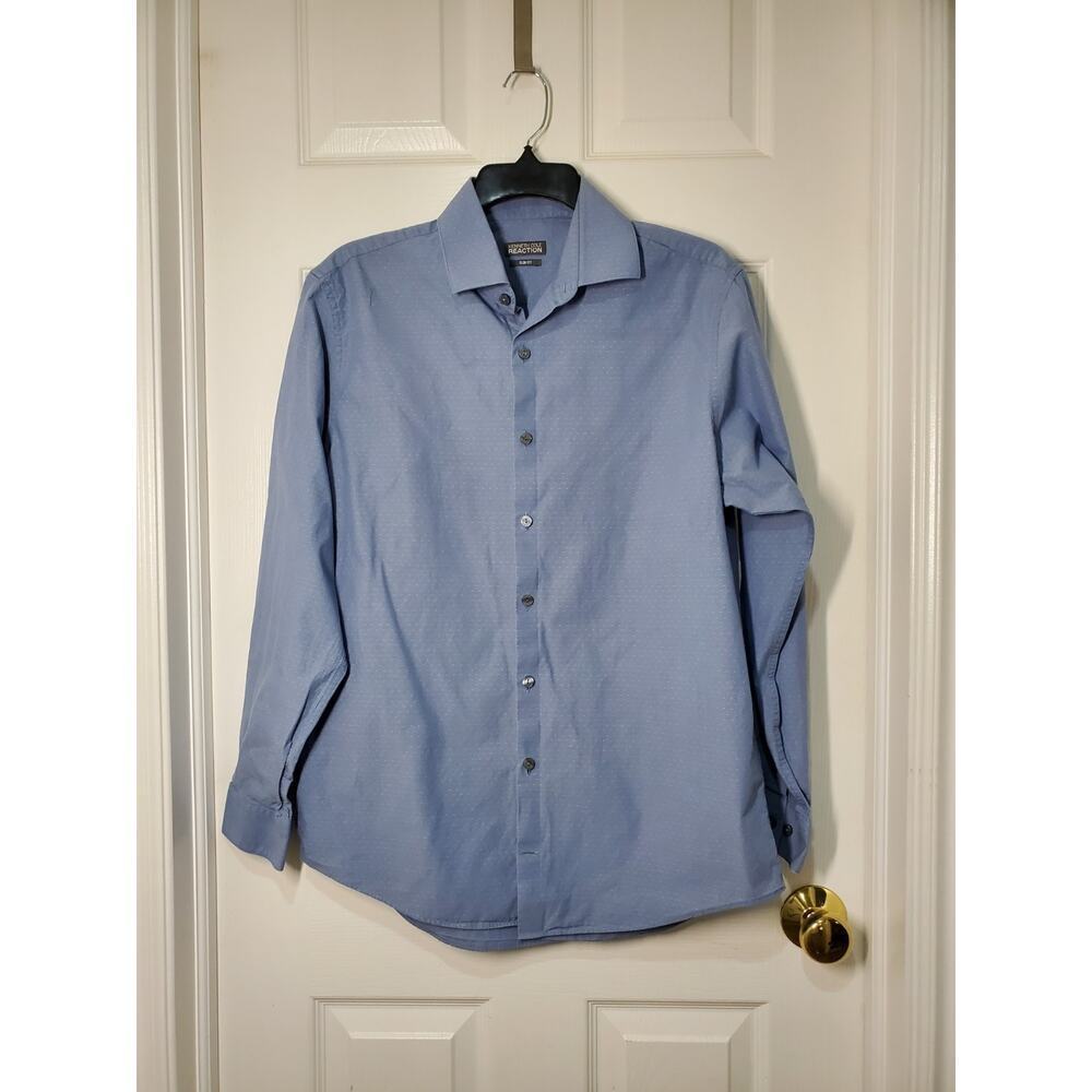 Kenneth Cole Reaction Slim Fit Dress Shirt 15.5 32‑33 Blue Cotton Dry‑Tek